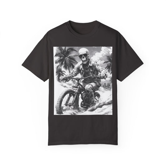 Biker Skeleton Wearing Sunglasses, Riding Sunset Boulevard in California Motorcycle, Unisex Garment-Dyed T-shirt