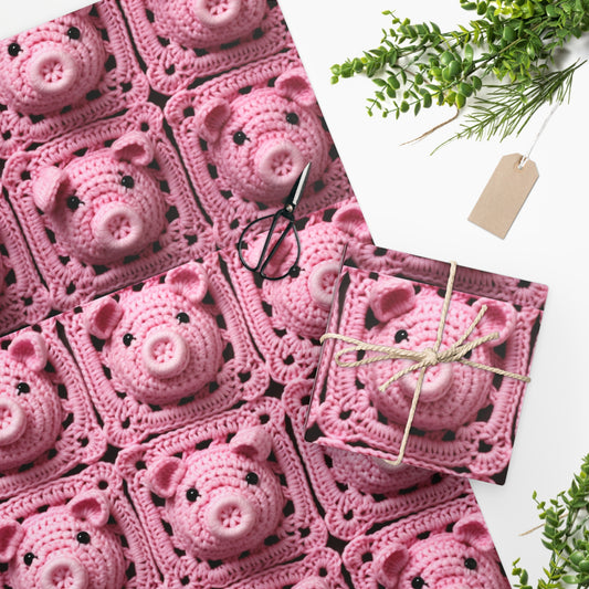 Crochet Pig Farm Animal Pink Snout Piggy Pattern - Wrapping Paper