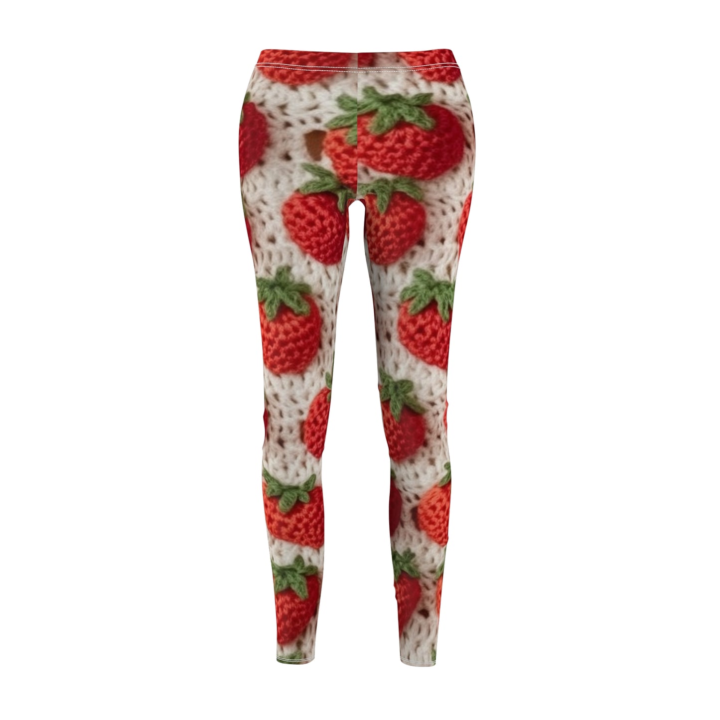 Strawberry Traditional Japanese, Crochet Craft, Fruit Design, Red Berry Pattern - Women's Cut & Sew Casual Leggings (AOP)