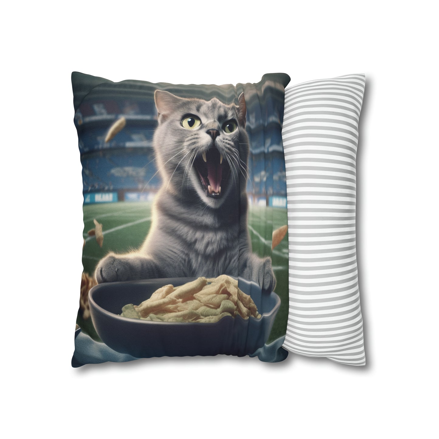 Halftime Football Feline: Screaming Sports Fan Cat Stadium Food Kitten - Spun Polyester Square Pillow Case