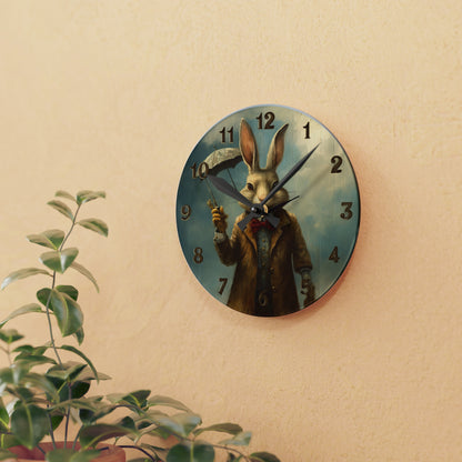 Old Rabbit Wearing Coat and Holding Umbrella Acrylic Wall Clock