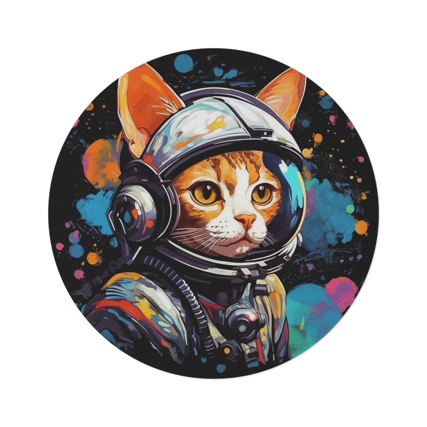 Astro Cat Adventure Feline - 宇宙空間に浮かぶ鮮やかなポップアート - ラウンド ラグ