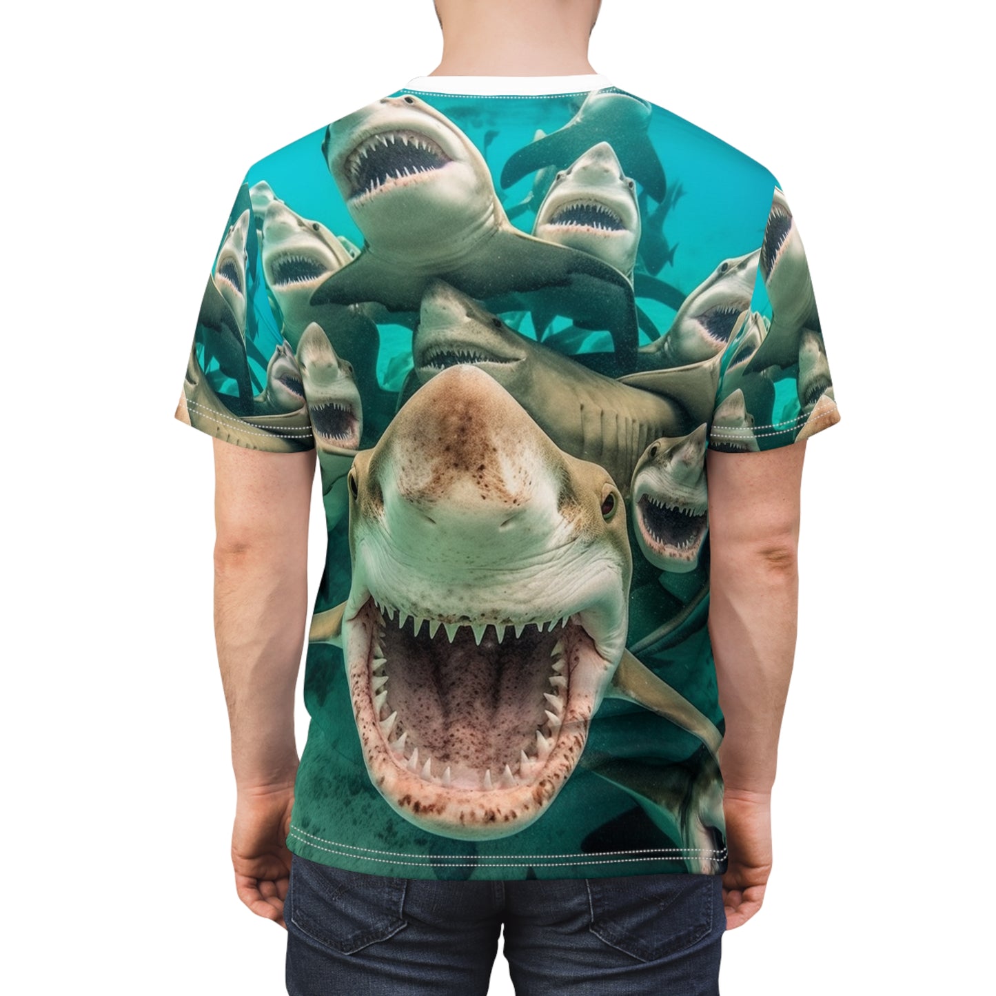 Tiburones limón risueños: Joyful Sea Jaws Ocean Deep - Camiseta unisex de corte y costura (AOP) 