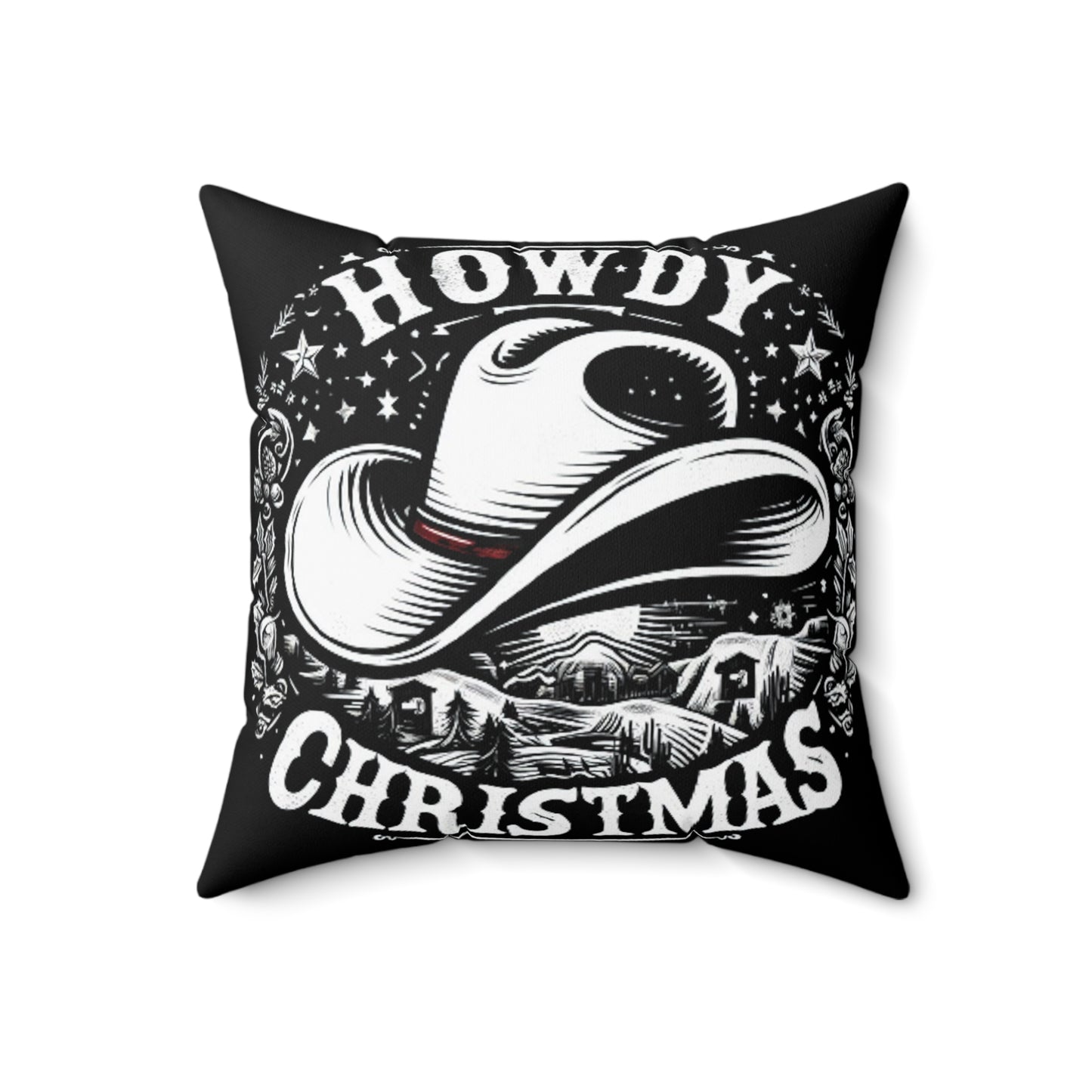 Western Howdy Christmas - Escena de invierno estrellada con sombrero de vaquero - Gráfico festivo de vacaciones en el campo - Almohada cuadrada de poliéster hilado