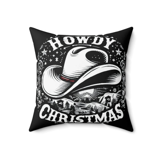 Western Howdy Christmas - Cowboy Hat Starry Winter Scene - Country Holiday Festive Graphic - Spun Polyester Square Pillow