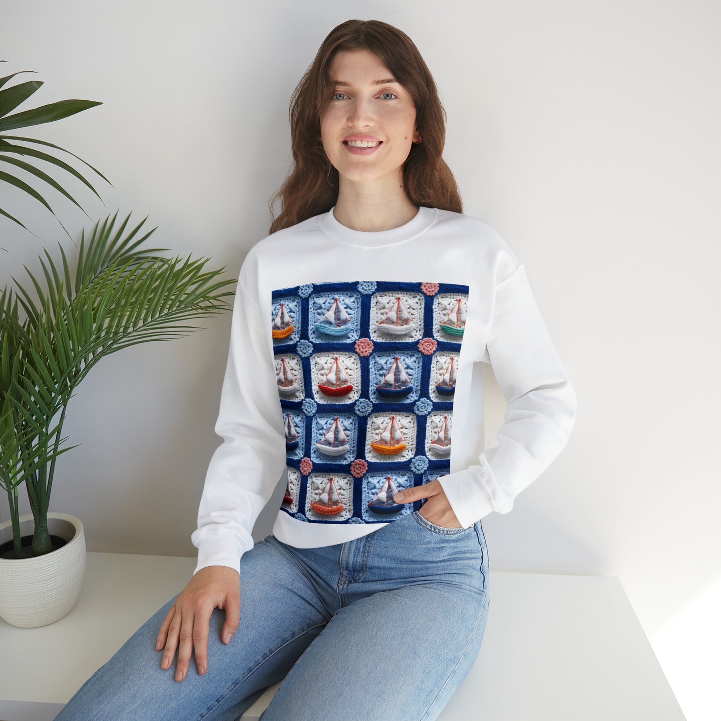 Crochet Boat Ship Sea Vessel Ocean Beach Travel Yacht Design - Unisex Heavy Blend™ Crewneck Sweatshirt