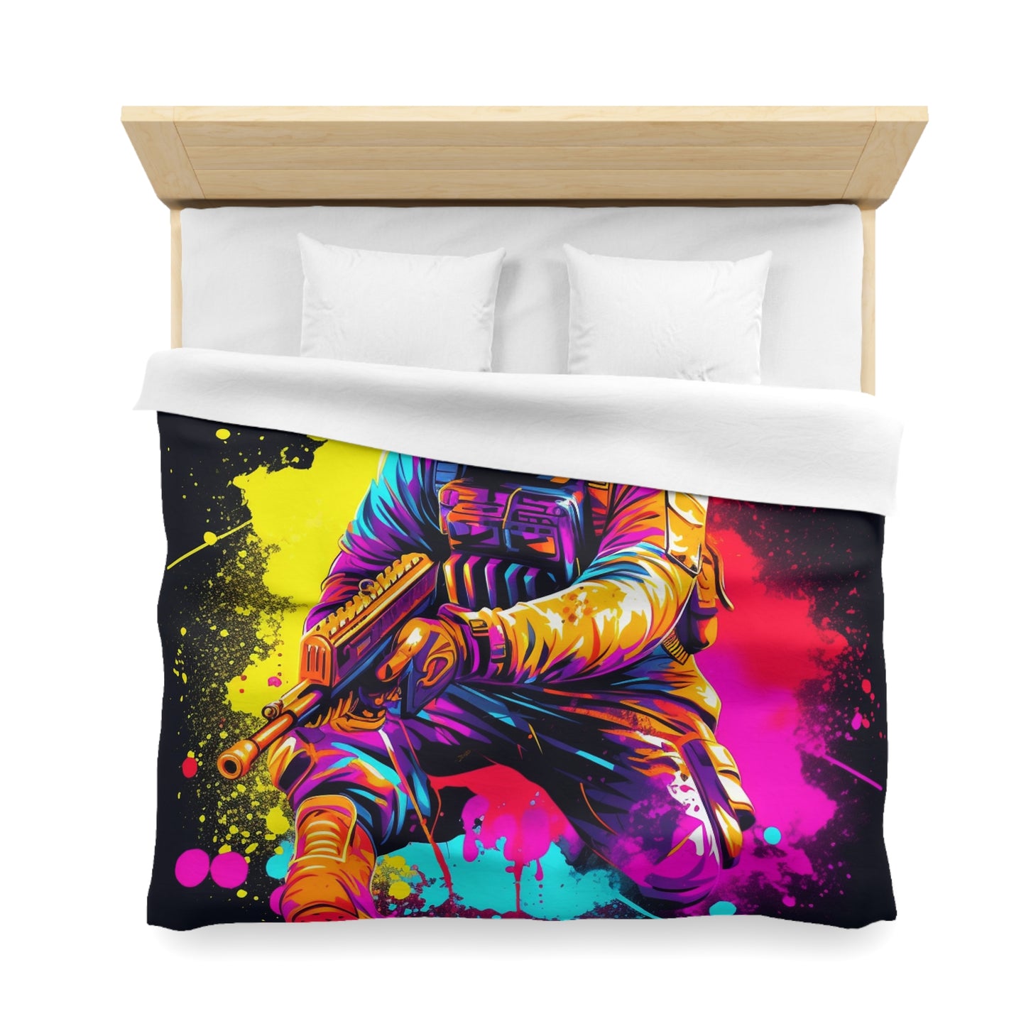 Paintball Action Sport: Player in Battle, Paint Splatter - Microfiber Duvet Cover