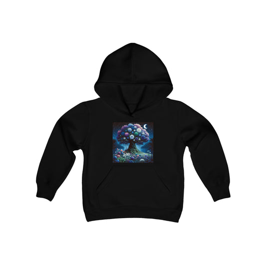 Starry Night Bloom: Magical Garden and Celestial Tree Art - Sudadera con capucha de mezcla pesada para jóvenes