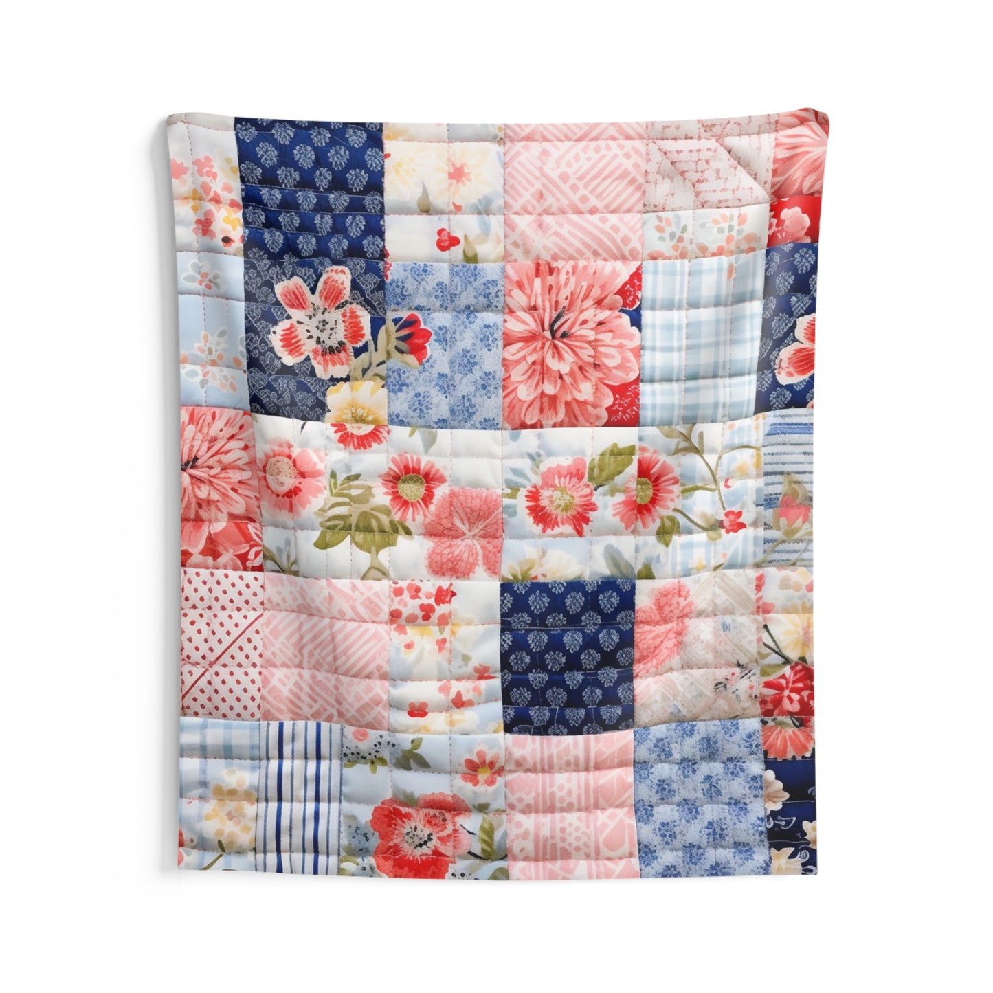 Floral Harmony Quilt, Blossom Patchwork, Blue and Pink Quilted Patterns, Garden Quilt, Soft Pastel Quilting Squares Design - Indoor Wall Tapestries