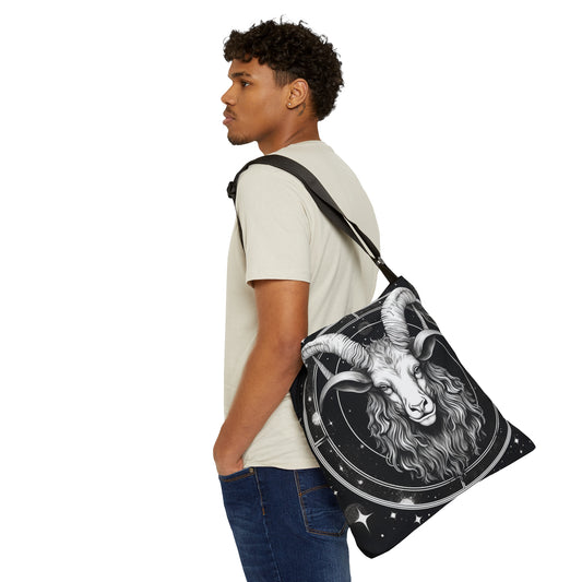 Bolso tote del zodiaco Capricornio, diseño de cabra blanca y negra, 100% poliéster hilado, correa ajustable 