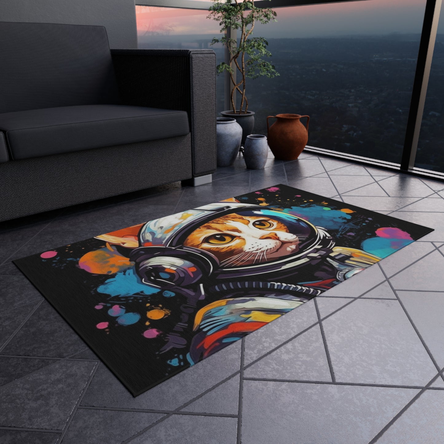 Astro Cat Adventure Feline - Pop Art, Floating in Cosmic Space - Outdoor Rug