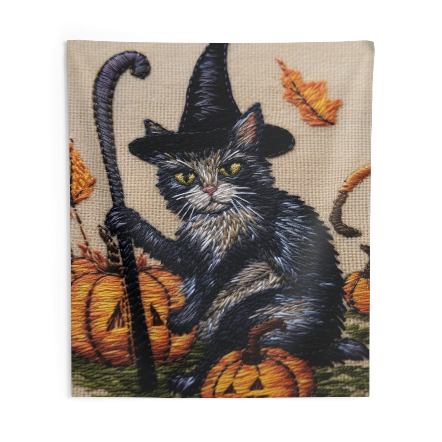 Halloween Cat Magic: Embroidered Style Feline with Pumpkins & Witch Hat - Indoor Wall Tapestries