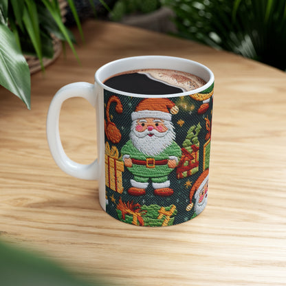 Christmas Santa Claus - Embroidered Presents - Festive Winter Wonderland - Deck the Halls Design - Ceramic Mug 11oz