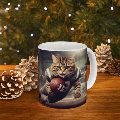 Football Field Felines: Kitty Cats in Sport Tackling Scoring Game Position - Ceramic Mug 11oz