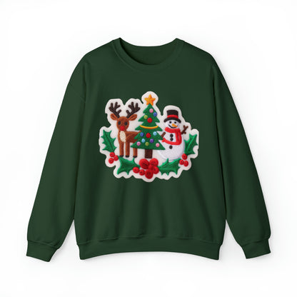 Diseño de parche bordado de renos y muñecos de nieve navideños - Sudadera unisex con cuello redondo Heavy Blend™