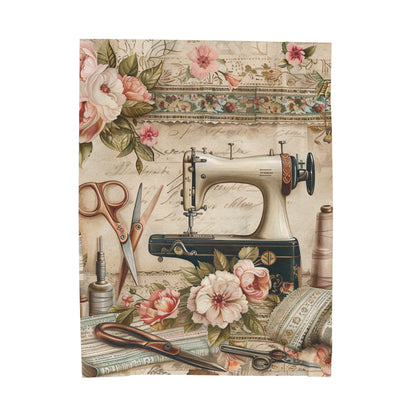 Classic Floral Sewing Ensemble: Vintage-Inspired with Antique Sewing Machine and Scissors - Velveteen Plush Blanket