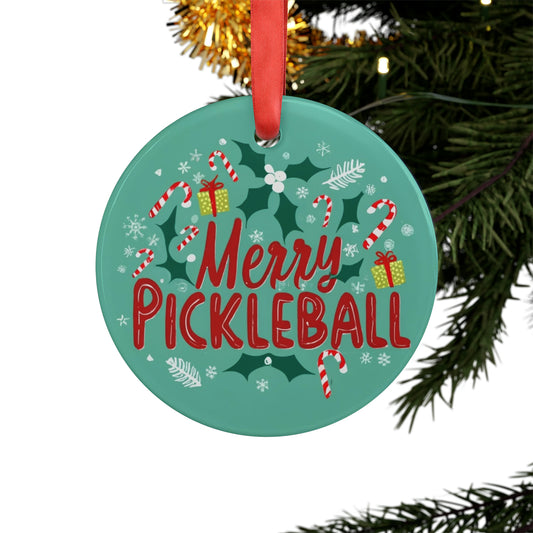 Merry Pickleball Holiday Christmas - Acrylic Ornament with Ribbon