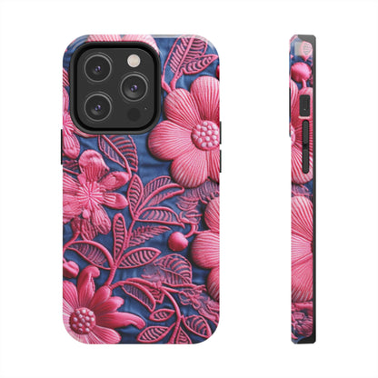 Denim Blue Doll Pink Floral Embroidery Style Fabric Flowers - Tough Phone Cases