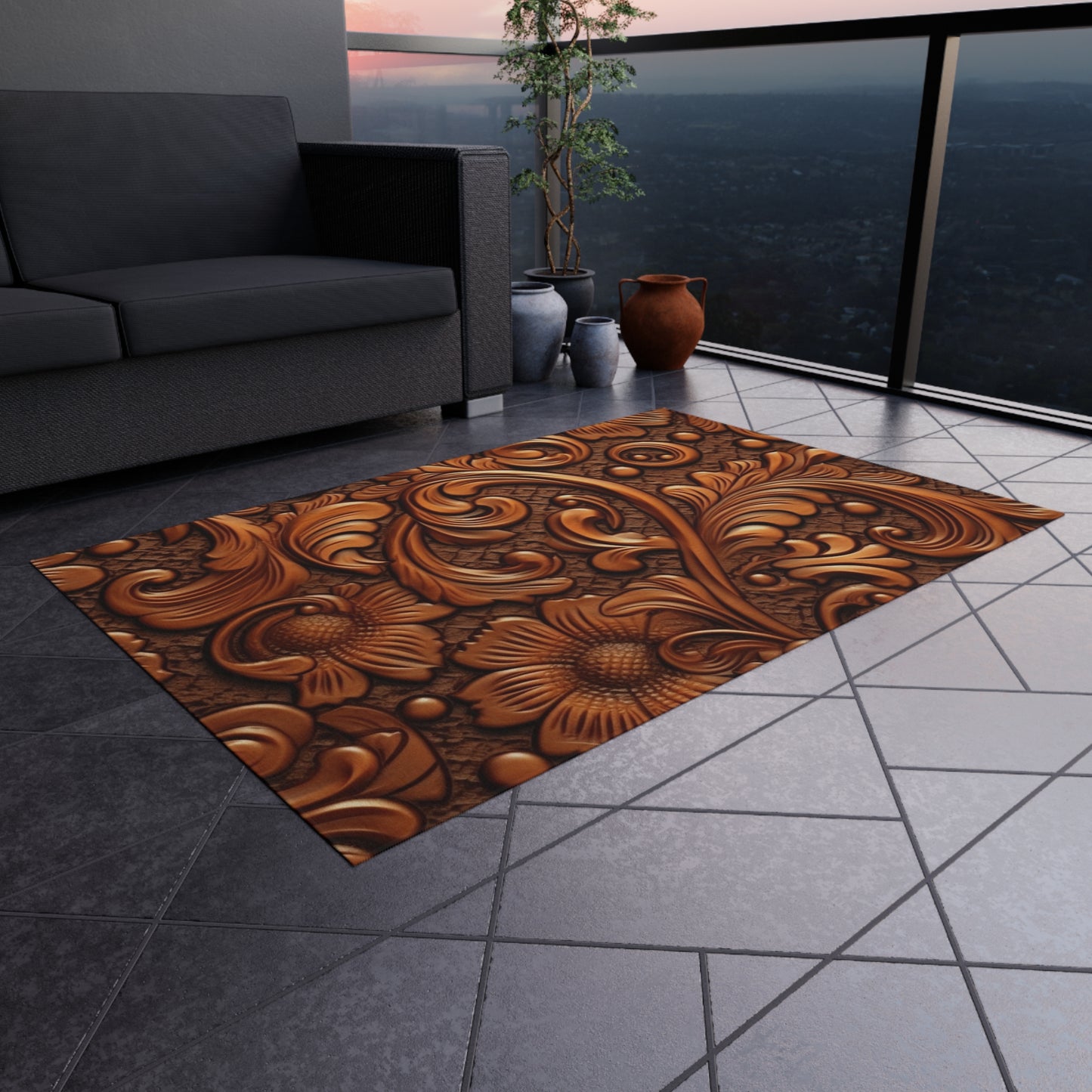 Leather Flower Cognac Classic Brown Timeless American Cowboy Design - Outdoor Rug