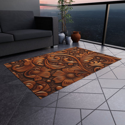 Leather Flower Cognac Classic Brown Timeless American Cowboy Design - Outdoor Rug