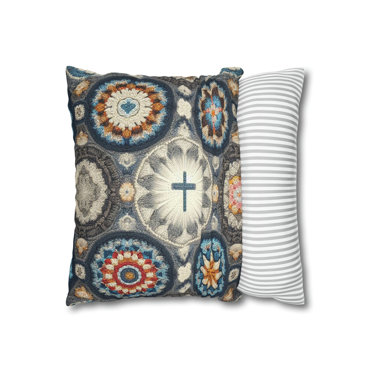 Bohemian Crochet Mandala with Centered Christian Cross - Earthy Tones Mosaic - Spun Polyester Square Pillow Case