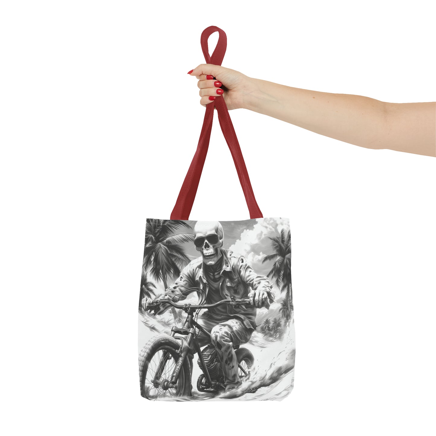 Biker Skeleton Wearing Sunglasses, Riding Sunset Boulevard in California Motorcycle, Tote Bag (AOP)