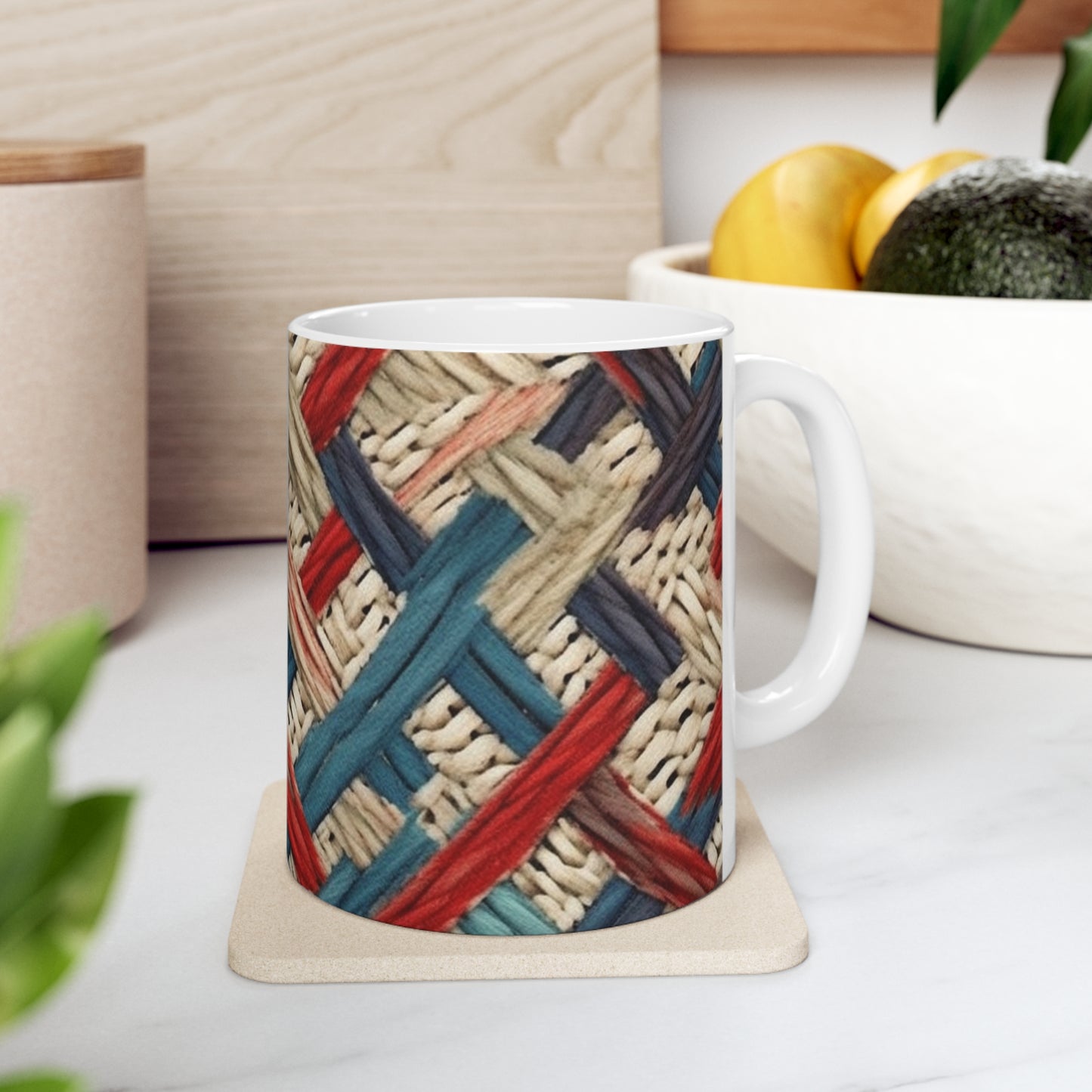 Colorful Yarn Knot: Denim-Inspired Fabric in Red, White, Light Blue - Ceramic Mug 11oz