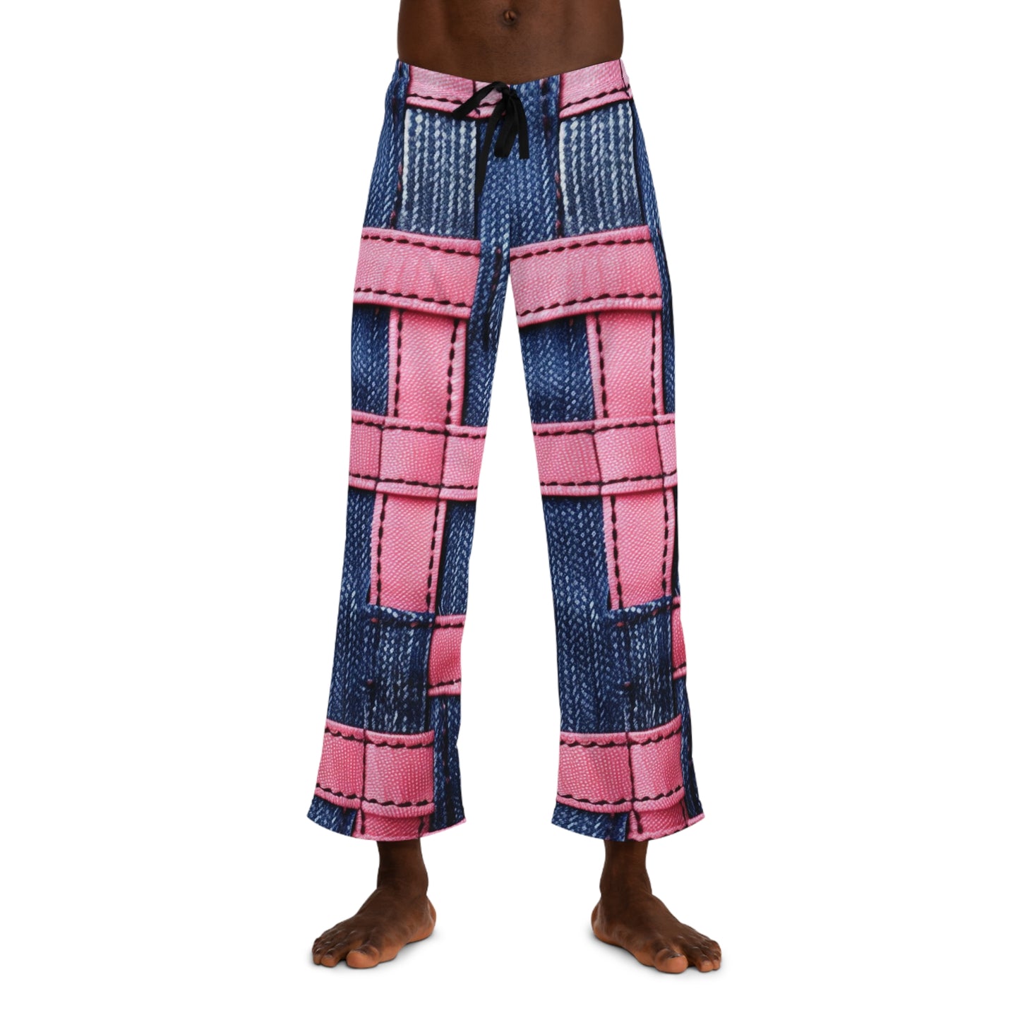 Crossover de rayas color caramelo: cintas de mezclilla rosa bailando en un escenario azul - Pantalones de pijama para hombre (AOP) 