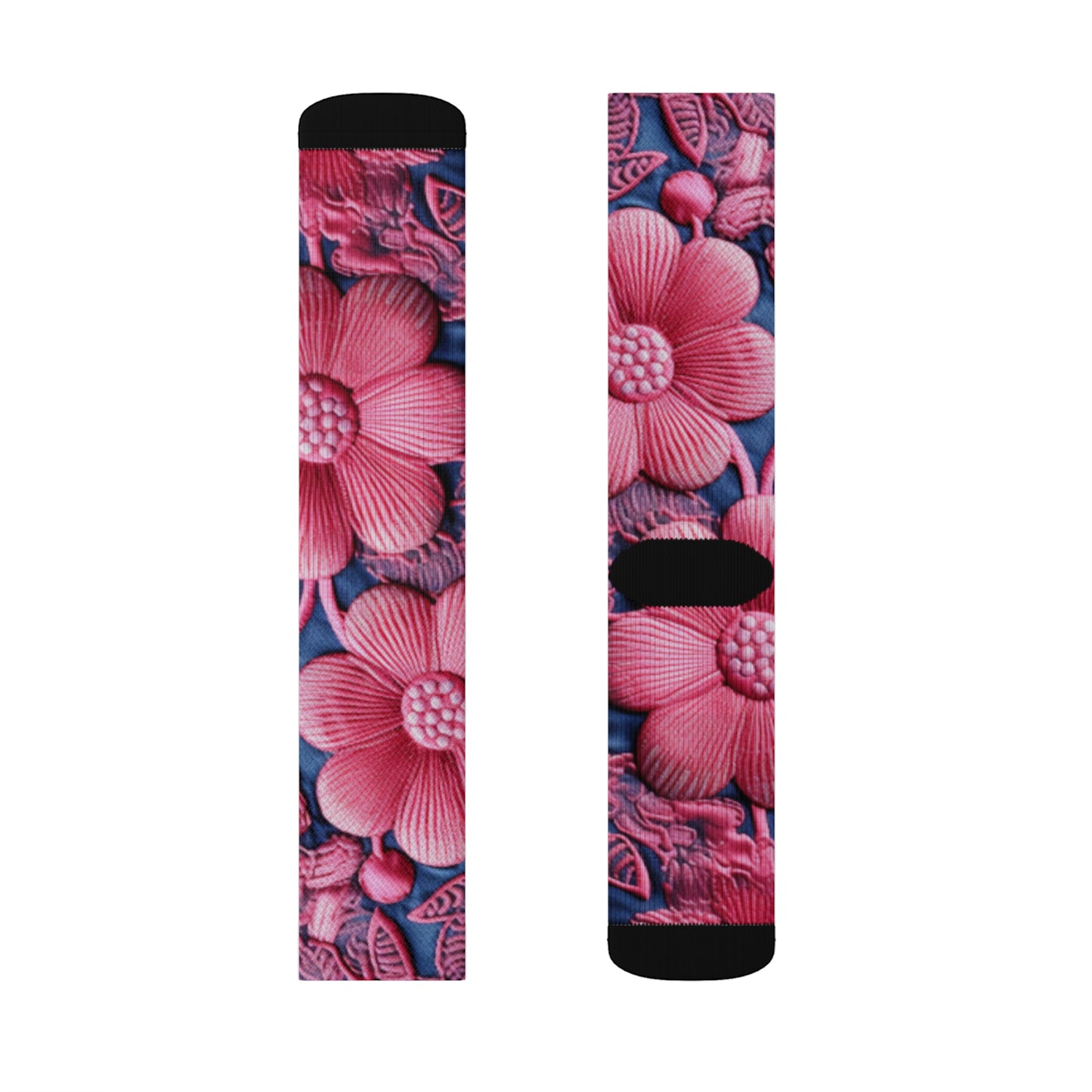 Denim Blue Doll Pink Floral Embroidery Style Fabric Flowers - Sublimation Socks