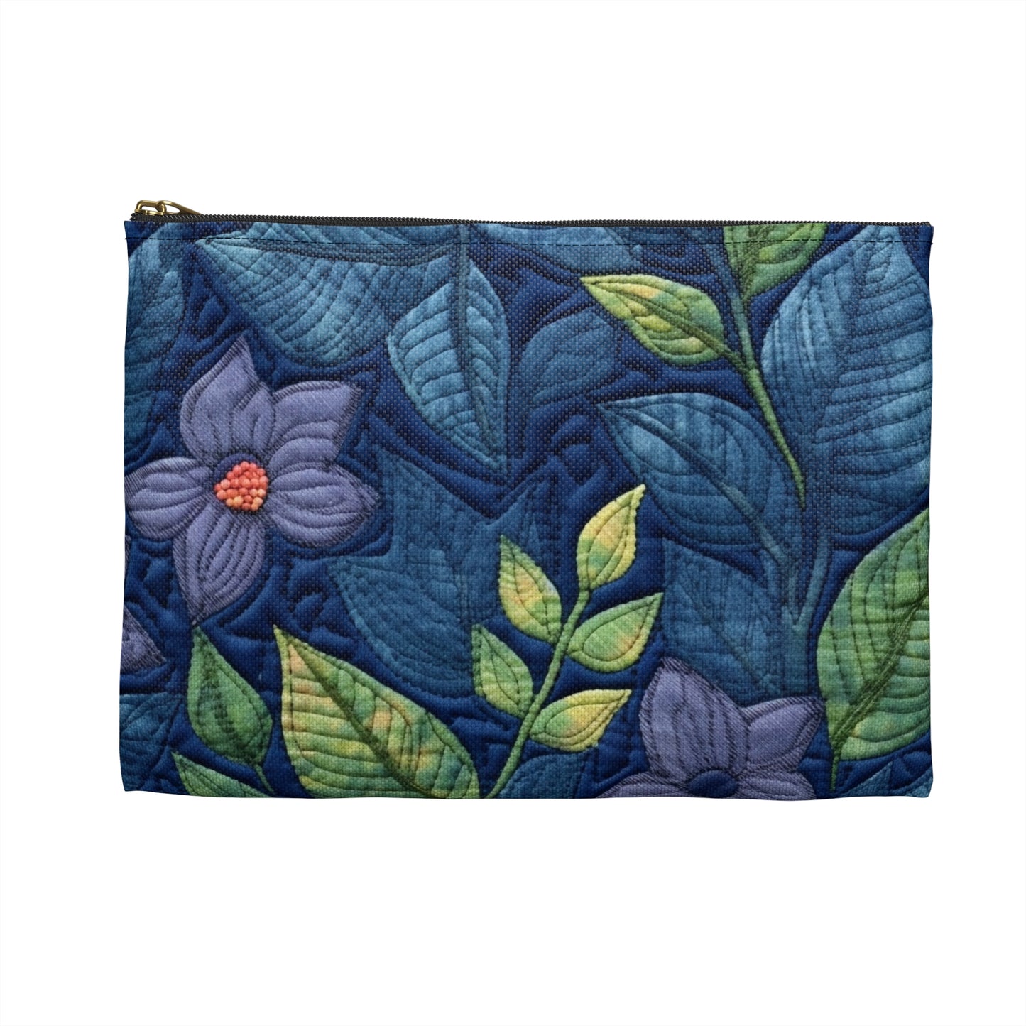 Floral Embroidery Blue: Denim-Inspired, Artisan-Crafted Flower Design - Accessory Pouch