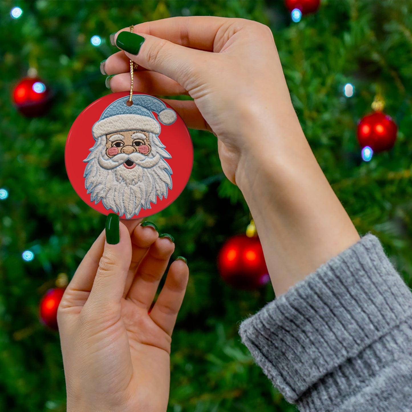 Blue Santa Chenille Patch - Chritmas Hoiday Design - Ceramic Ornament, 4 Shapes