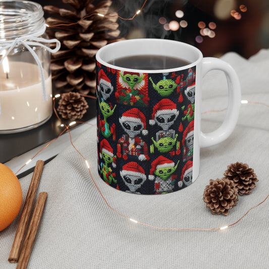 Festive Alien Invasion: Intergalactic Christmas Holiday Cheer with Santa Hats and Seasonal Gifts Crochet Pattern - Ceramic Mug 11oz