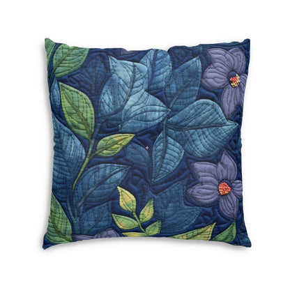 Floral Embroidery Blue: Denim-Inspired, Artisan-Crafted Flower Design - Tufted Floor Pillow, Square