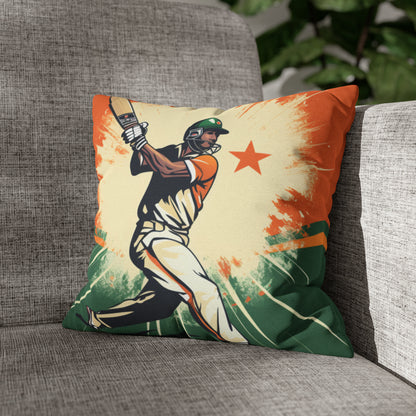 India Cricket Star: Batsman With Willow Bat, National Flag Style - Sport Game - Spun Polyester Square Pillow Case