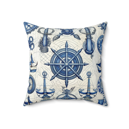 Nautical Theme Art - Anchors, Ropes, Compass Spun Polyester Square Pillow