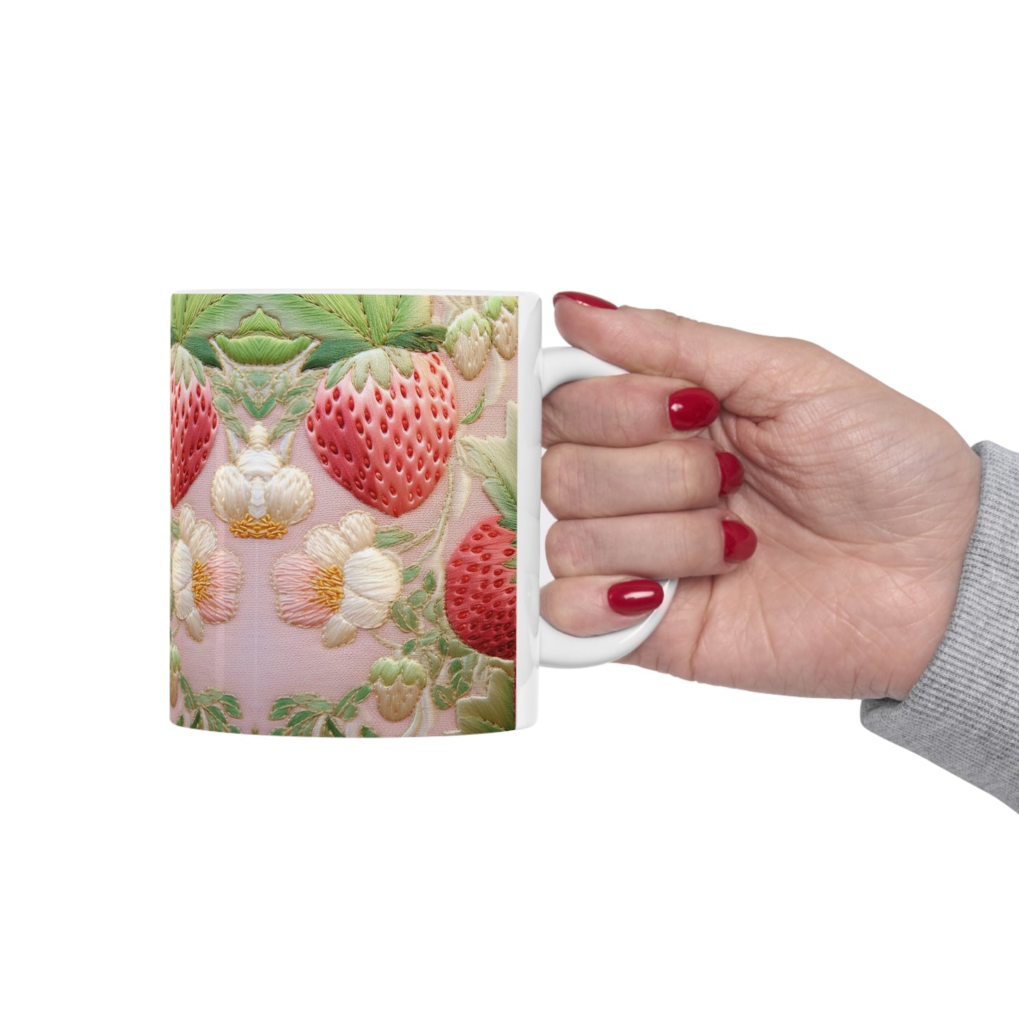 Red Berry Strawberries - Embroid Fruit - Healthy Crop Feast Food Design - Ceramic Mug 11oz