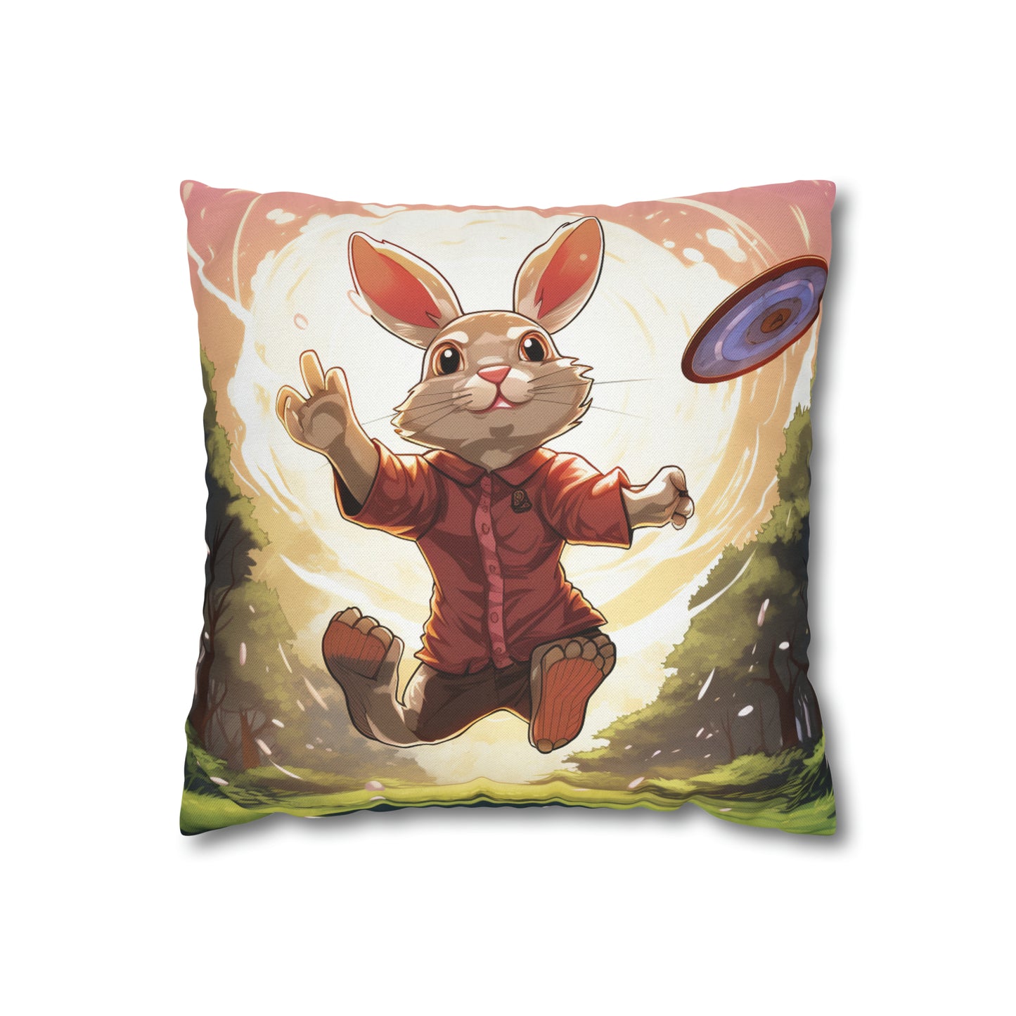 Disc Golf Rabbit: Bunny Aiming Frisbee for Basket Chain - Spun Polyester Square Pillow Case