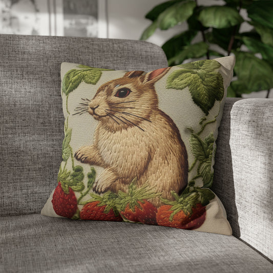 Strawberry Bunny Rabit - Embroidery Style - Strawberries Fruit Munchies - Easter Gift - Spun Polyester Square Pillow Case