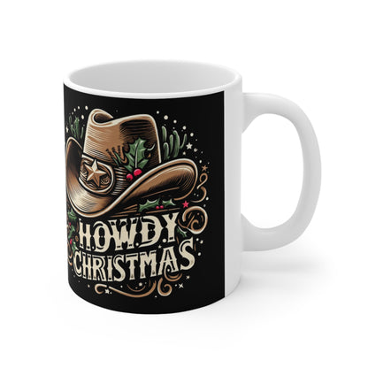 Espíritu navideño vaquero - Saludos navideños occidentales con acebo y estrellas - Taza de cerámica de 11 oz