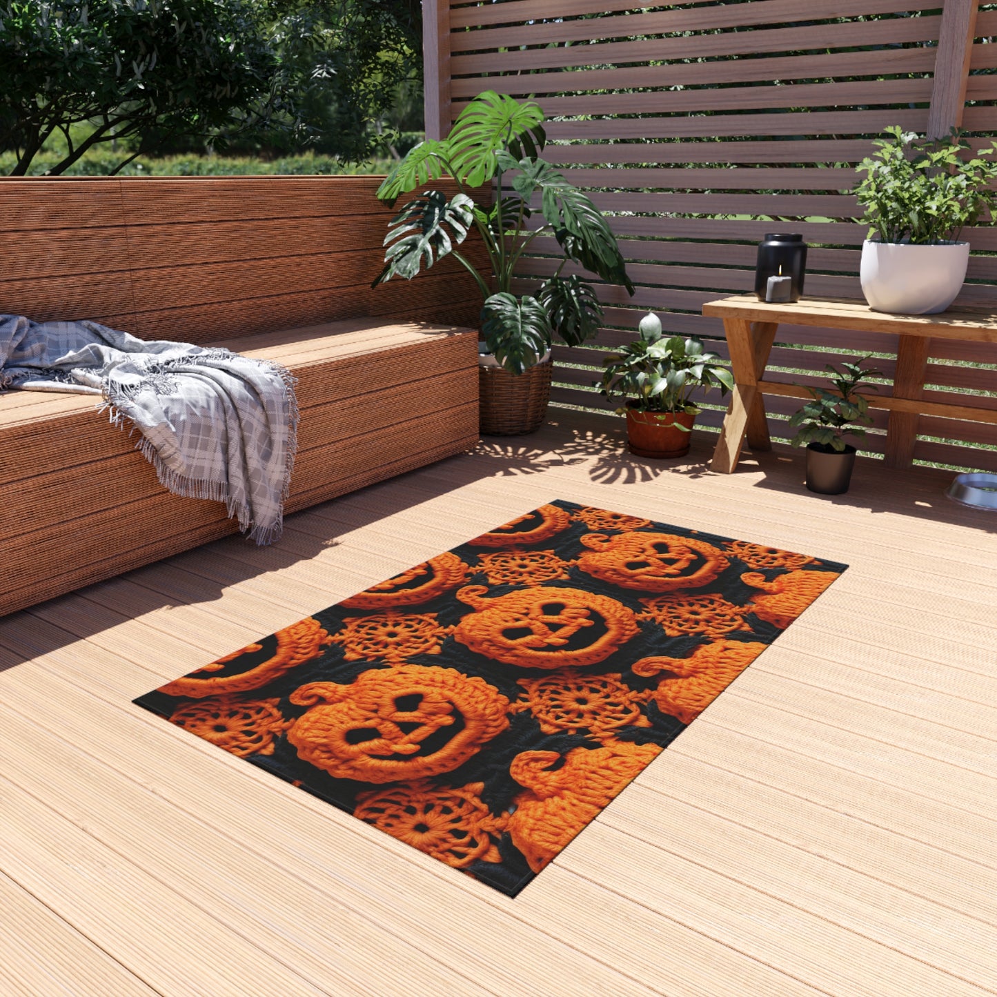 Halloween Crochet Pumpkin Scary Horror Festive Holiday Pattern - Outdoor Rug