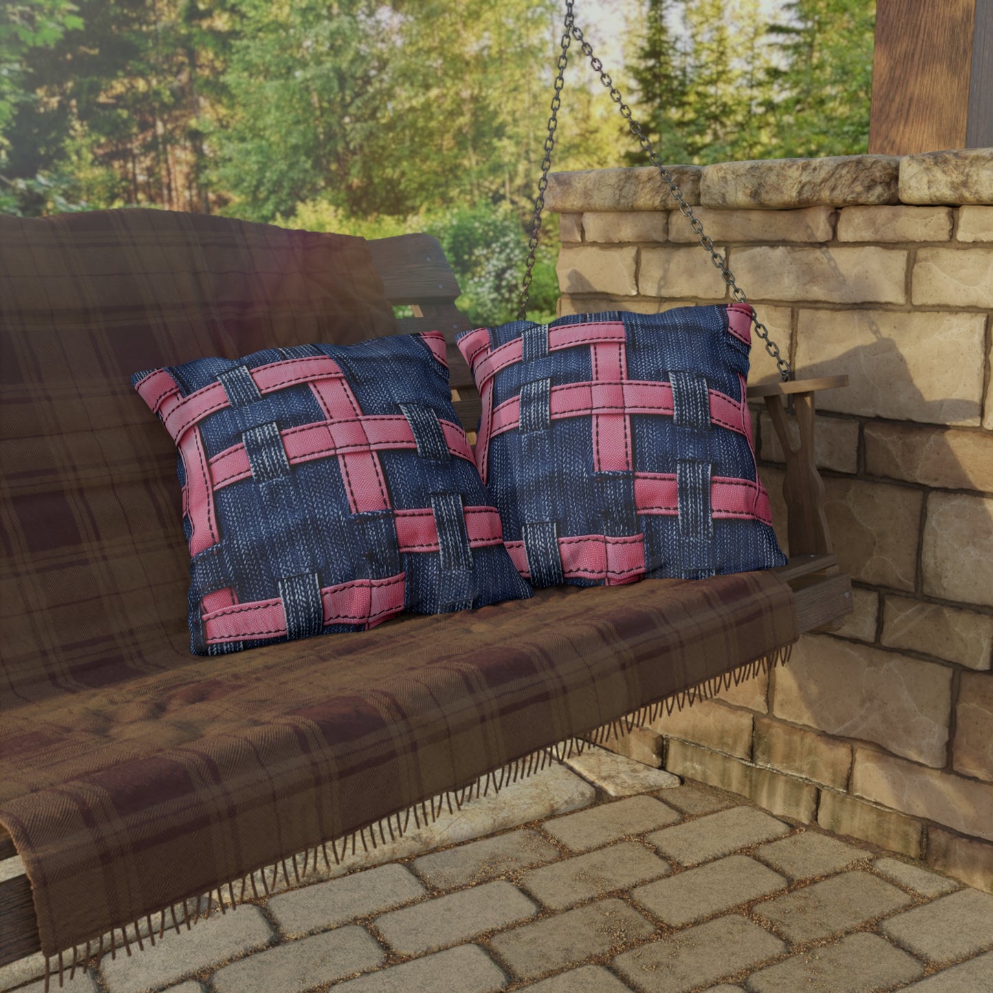 Candy-Striped Crossover: Pink Denim Ribbons Dancing on Blue Stage - Outdoor Pillows