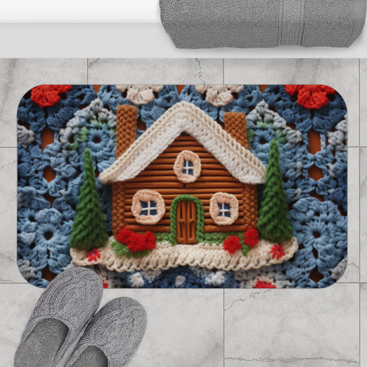 Cottagecore Log Cabin Crochet, diseño navideño de casa de invierno, vacaciones rústicas - Alfombra de baño