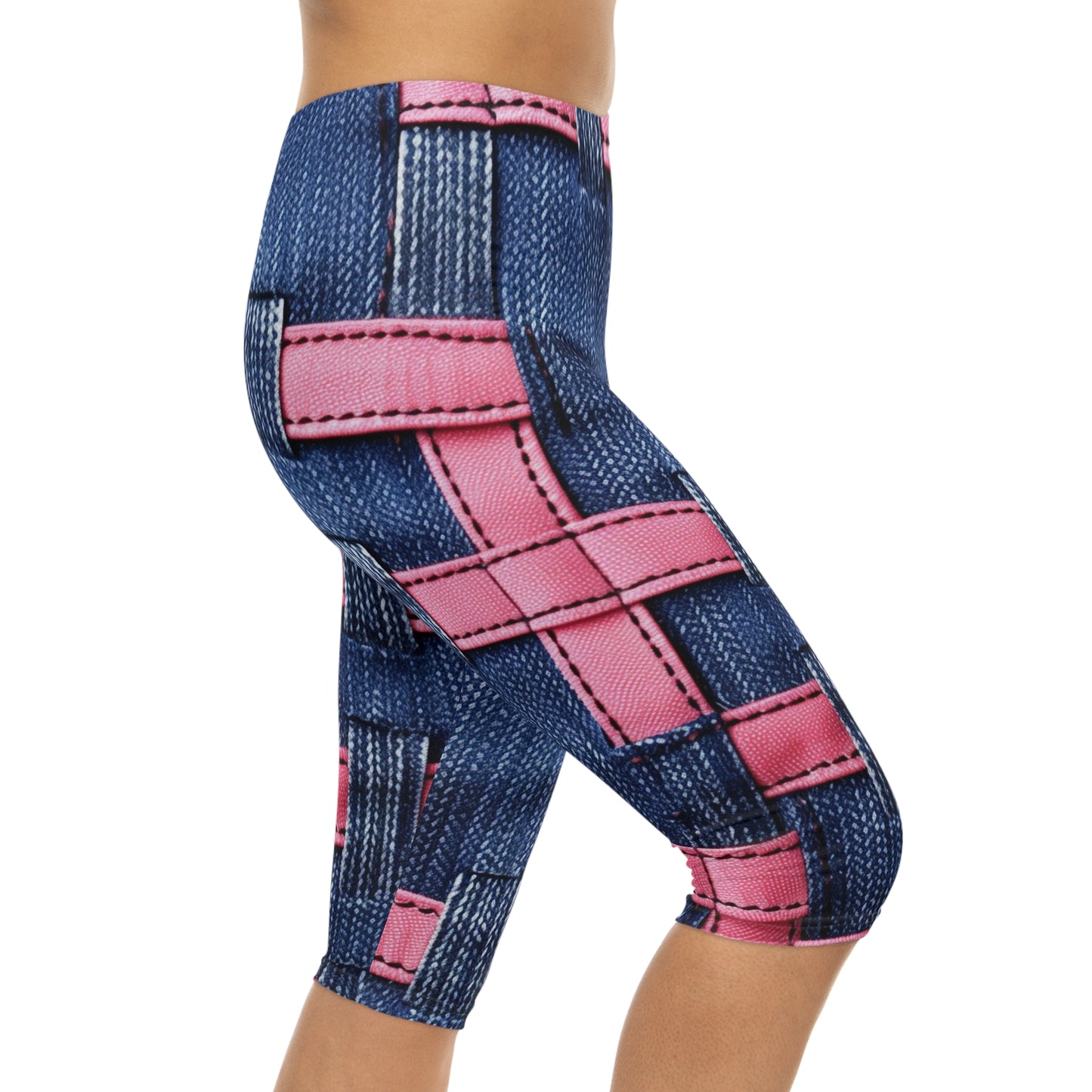 Candy-Striped Crossover: Pink Denim Ribbons Dancing on Blue Stage - Women’s Capri Leggings (AOP)