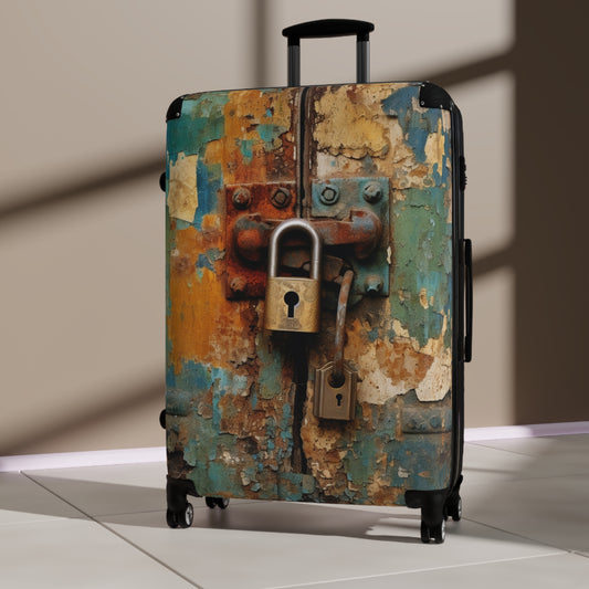 Cerradura rústica con pintura descascarada, maleta con encanto del viejo mundo