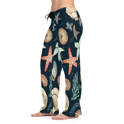 Pantalones de pijama para mujer con estampado de conchas marinas y estrellas de mar (AOP) 