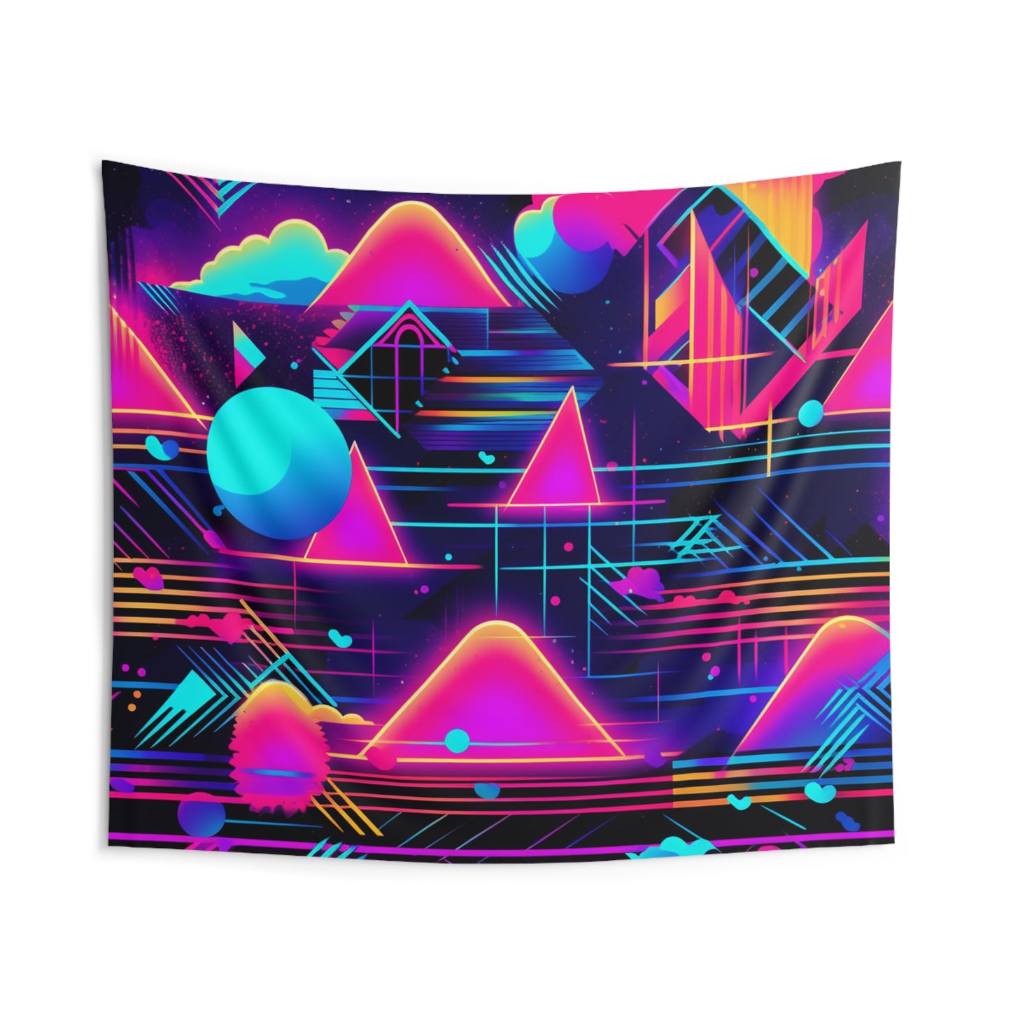 Tapices de pared para interiores con diseño de patrones inspirados en el estilo retrofuturista de Synthwave de los años 80