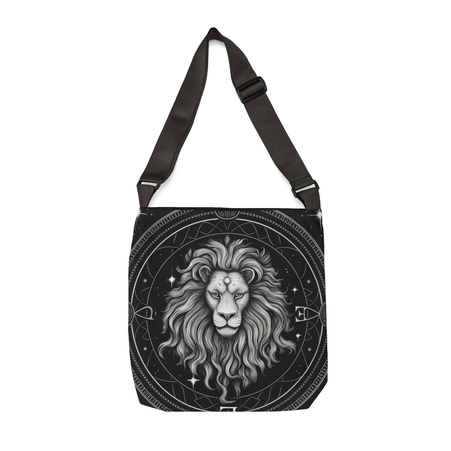 Leo Zodiac Tote Bag, Black White Lion Design, 100% Spun Polyester, Adjustable Strap