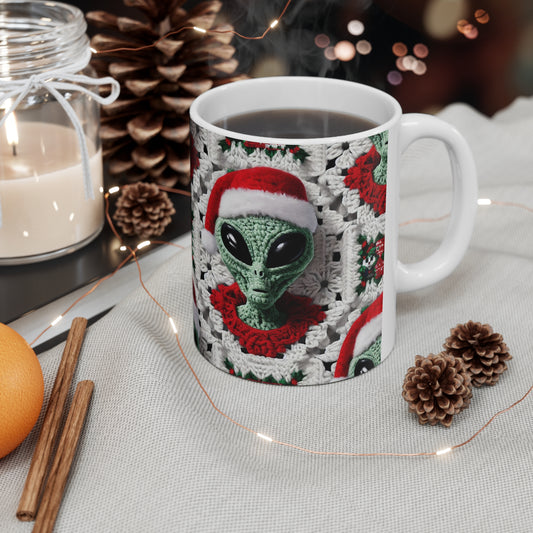 Santa's Cosmic Secret: Jolly Green Christmas Extraterrestrial with Festive Attire Crochet Art - Ceramic Mug 11oz