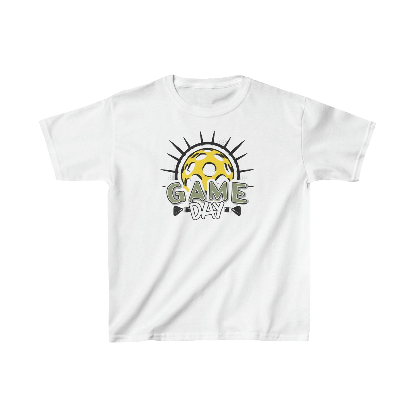 Emblema radiante de Pickleball con rayos de sol dinámicos y letras del día del juego - Camiseta para niños Heavy Cotton™