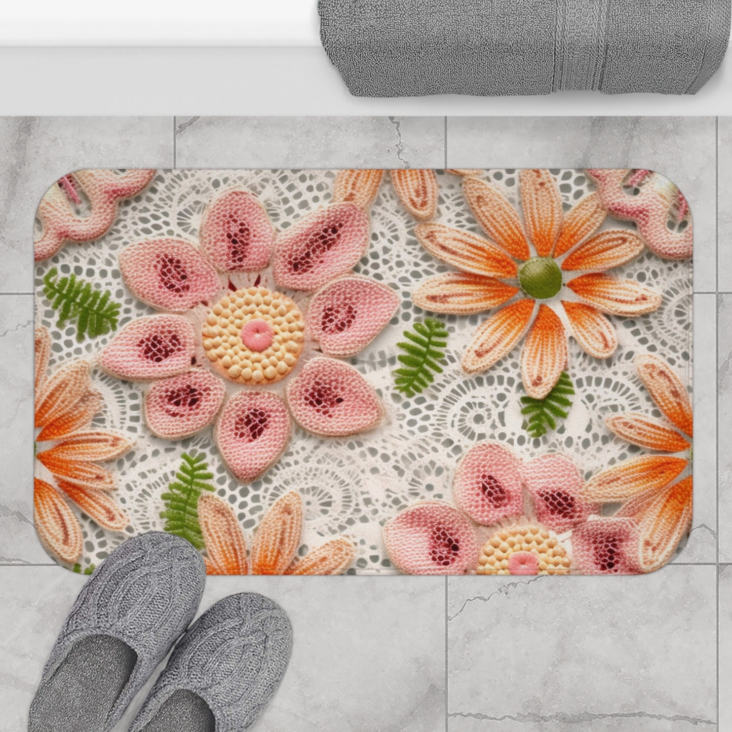 Ojal bordado floral: patrón elegante de flores delicadas - Alfombra de baño